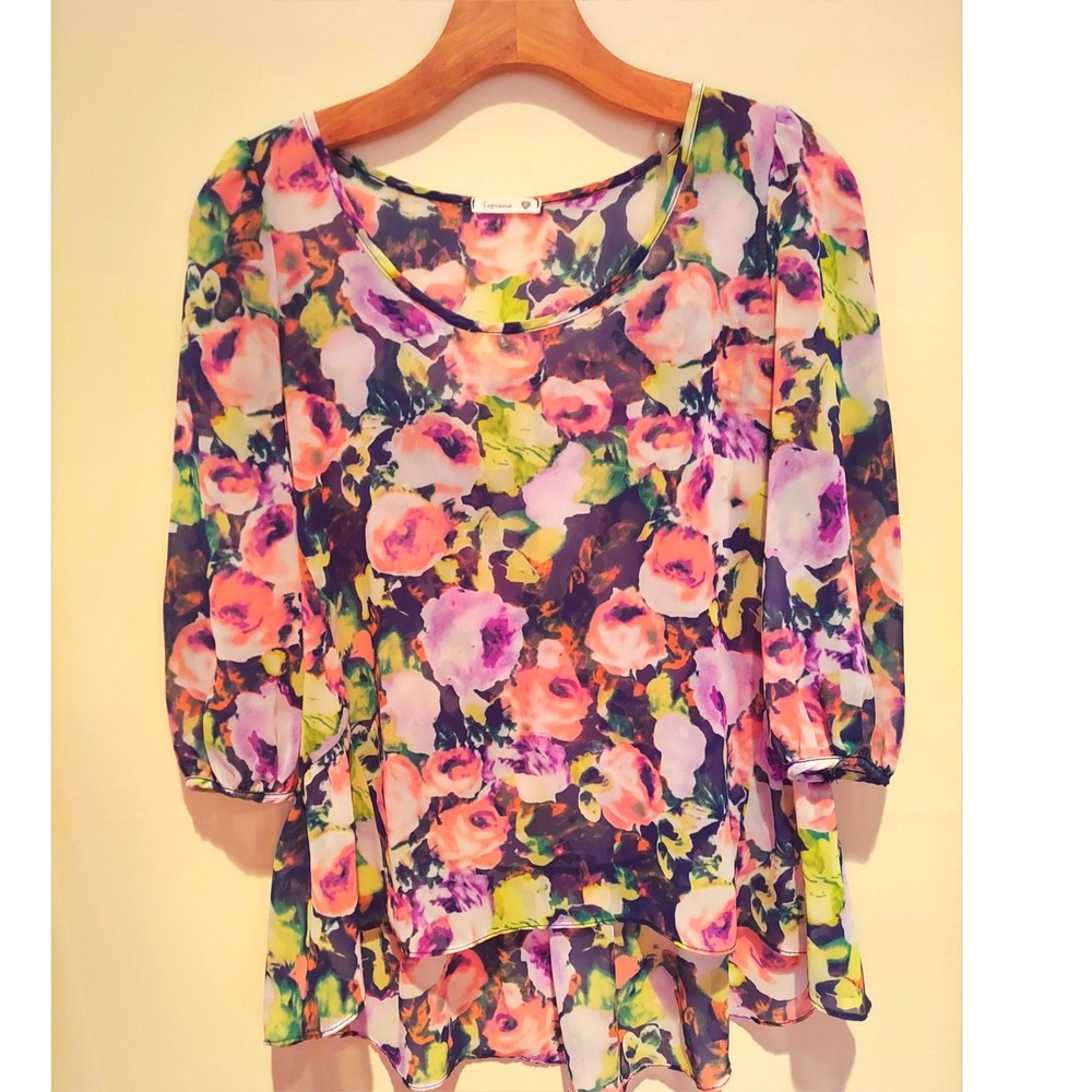 Soprano Y2K Womens Boho Floral Fairy Chiffon Blouse Sheer Peplum 3/4 Sleeve  XS